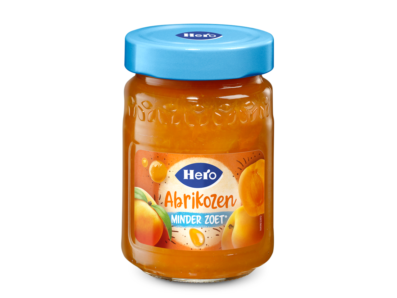 Pot abrikozenjam met een blauw deksel en een etiket met abrikozen en de tekst 'MINDER ZOET'.