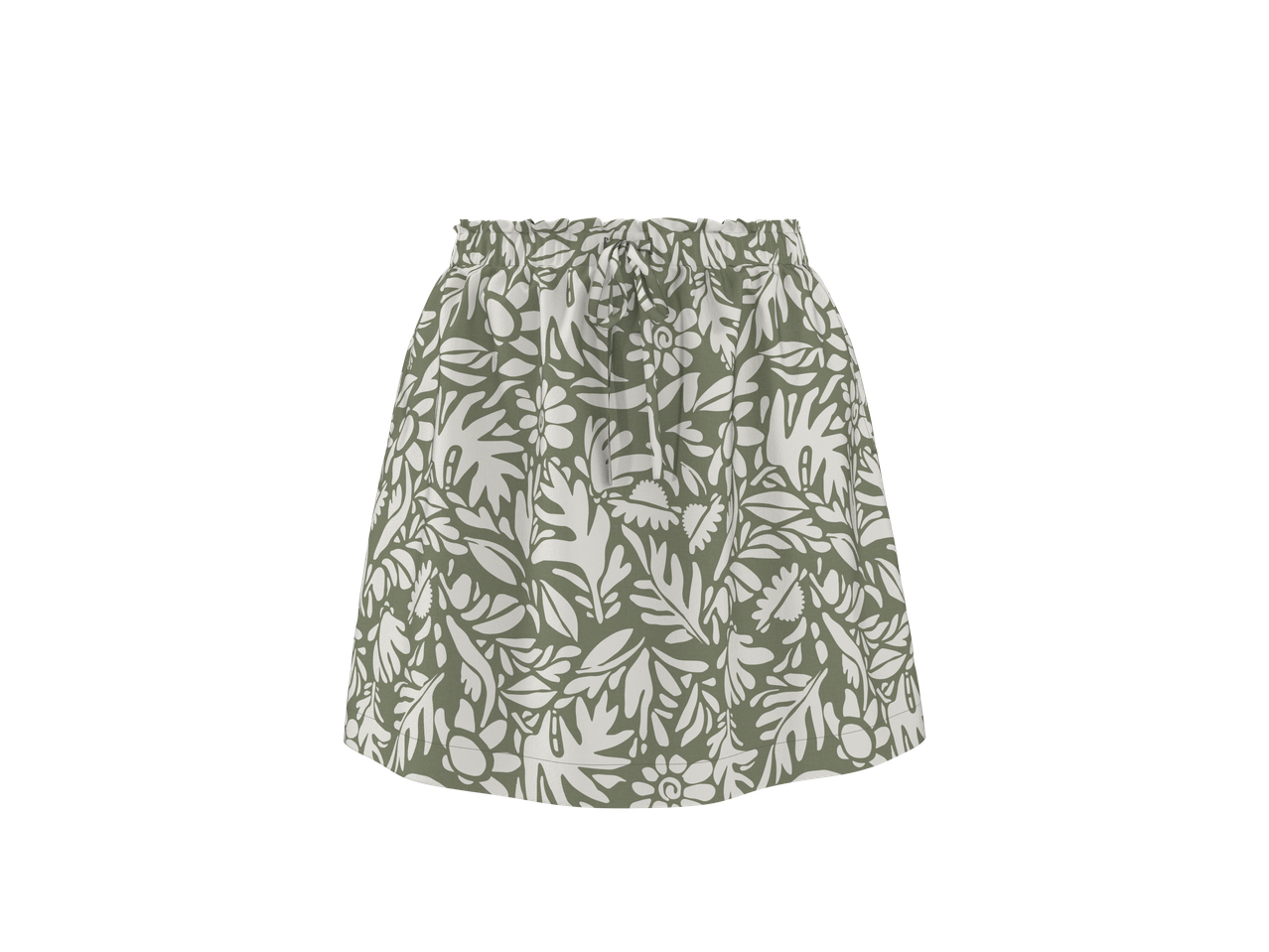 Saia ESMARA com estampa floral branca sobre fundo verde-oliva