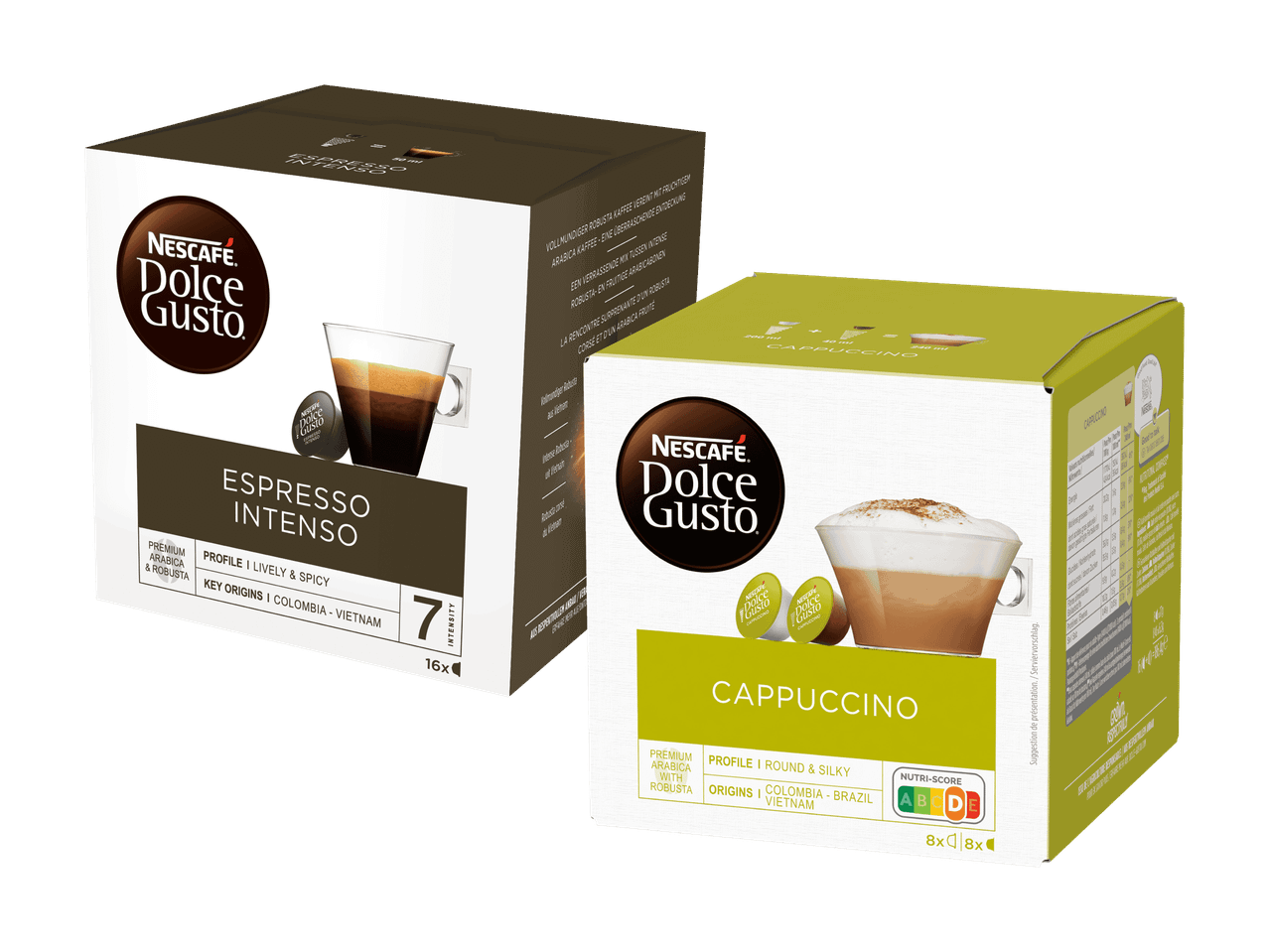 Zwei Packungen Kaffeekapseln: Espresso Intenso und Cappuccino.