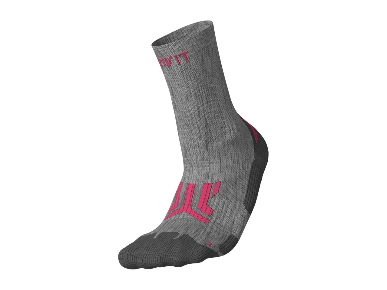 Grey and pink athletic crew sock with reinforced toe and heel