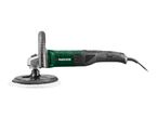 Green and black electric car polisher with a white buffing pad