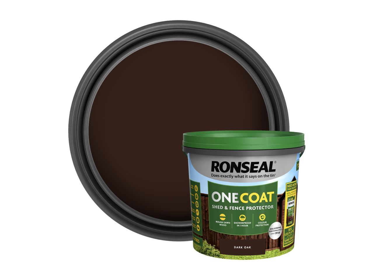 Open tin of dark brown wood paint next to a bucket of shed and fence protector.