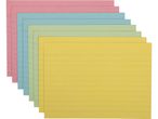 Un ventaglio di schede indice a righe di diversi colori: rosa, blu, verde e giallo.