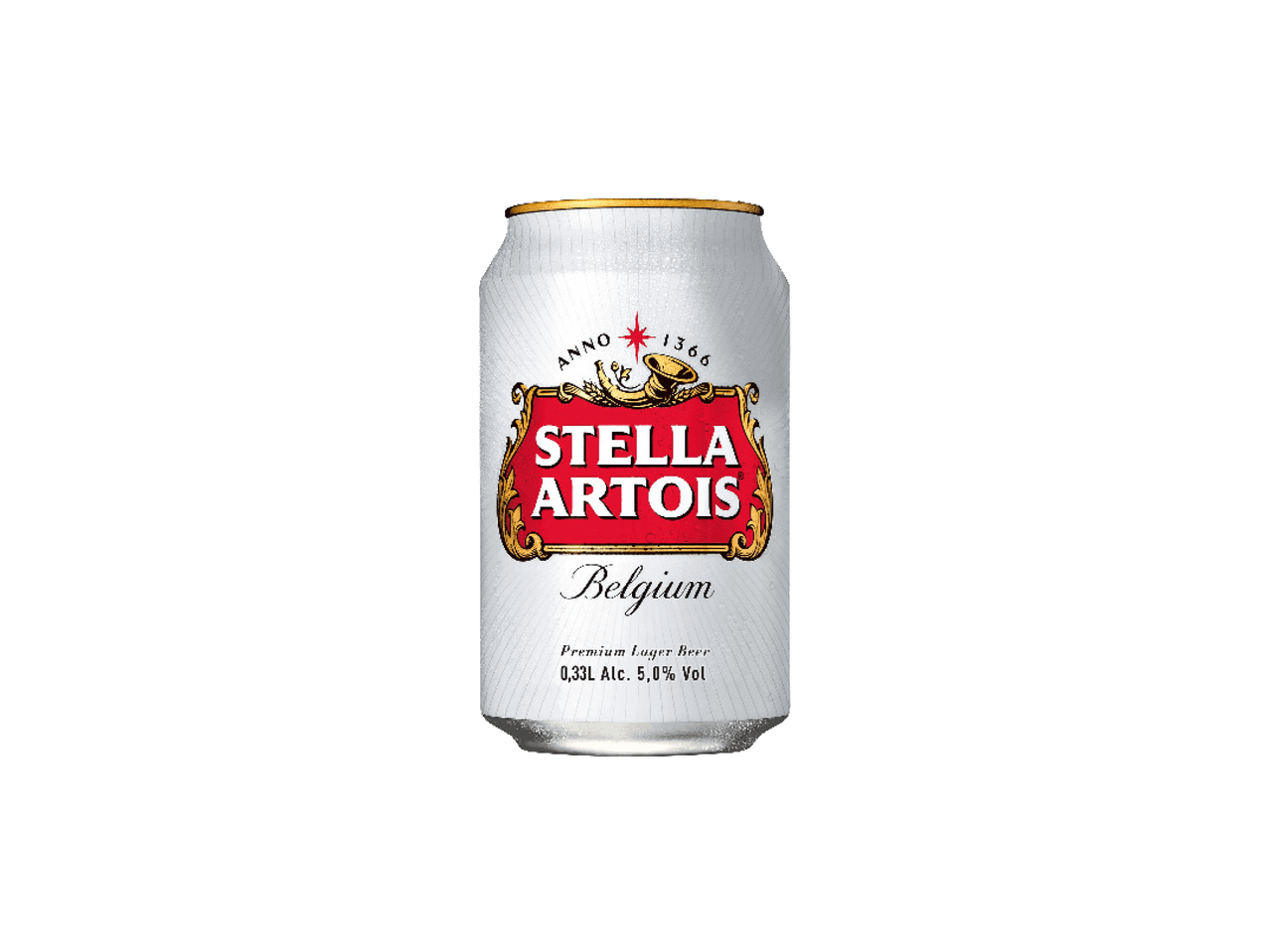 Bela limenka piva sa crvenom etiketom i zlatnim detaljima, sa natpisom „Premium Lager Beer“.