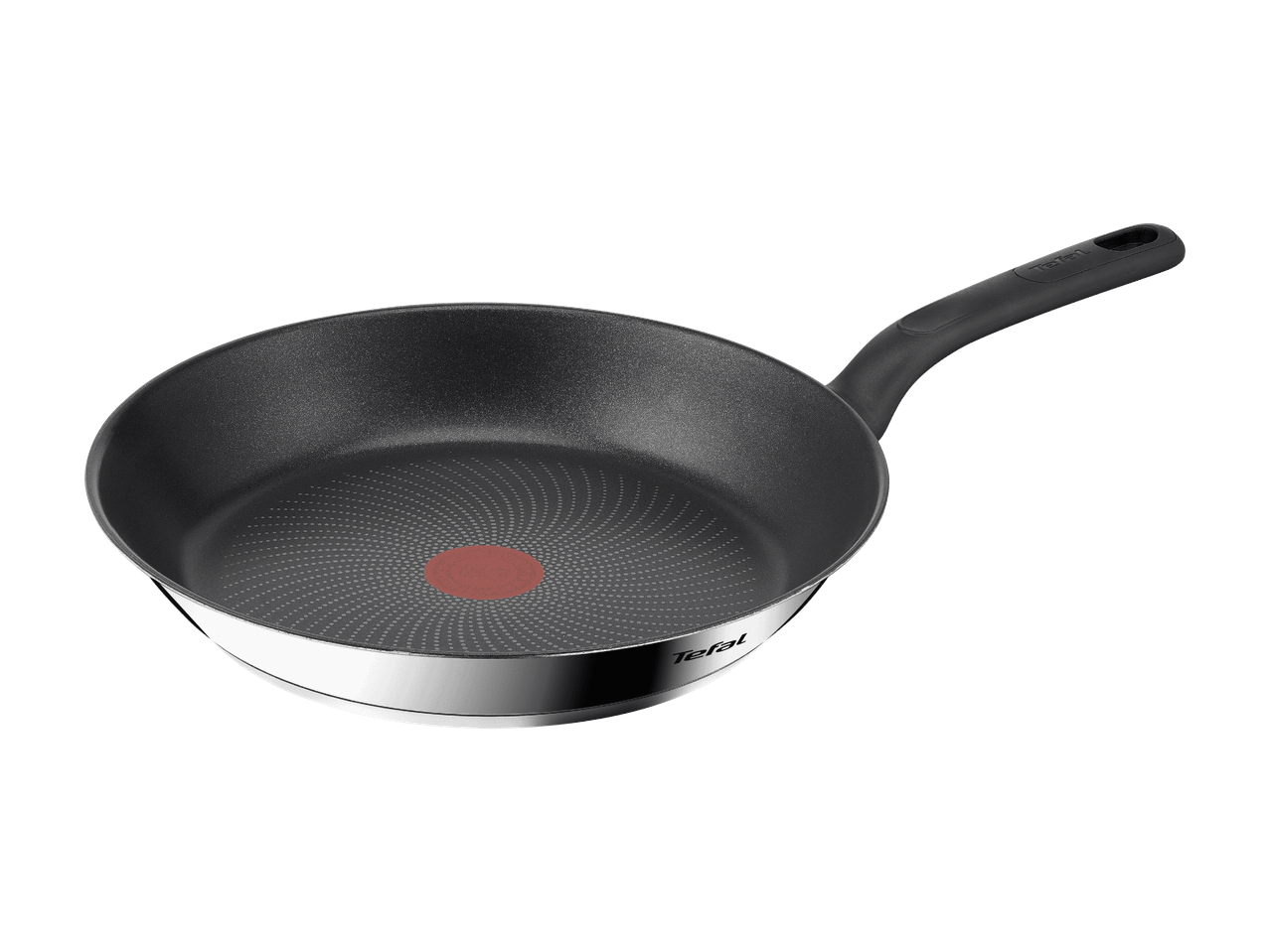 Antihaftbeschichtete Bratpfanne mit schwarzem Griff und rotem Thermopunkt.