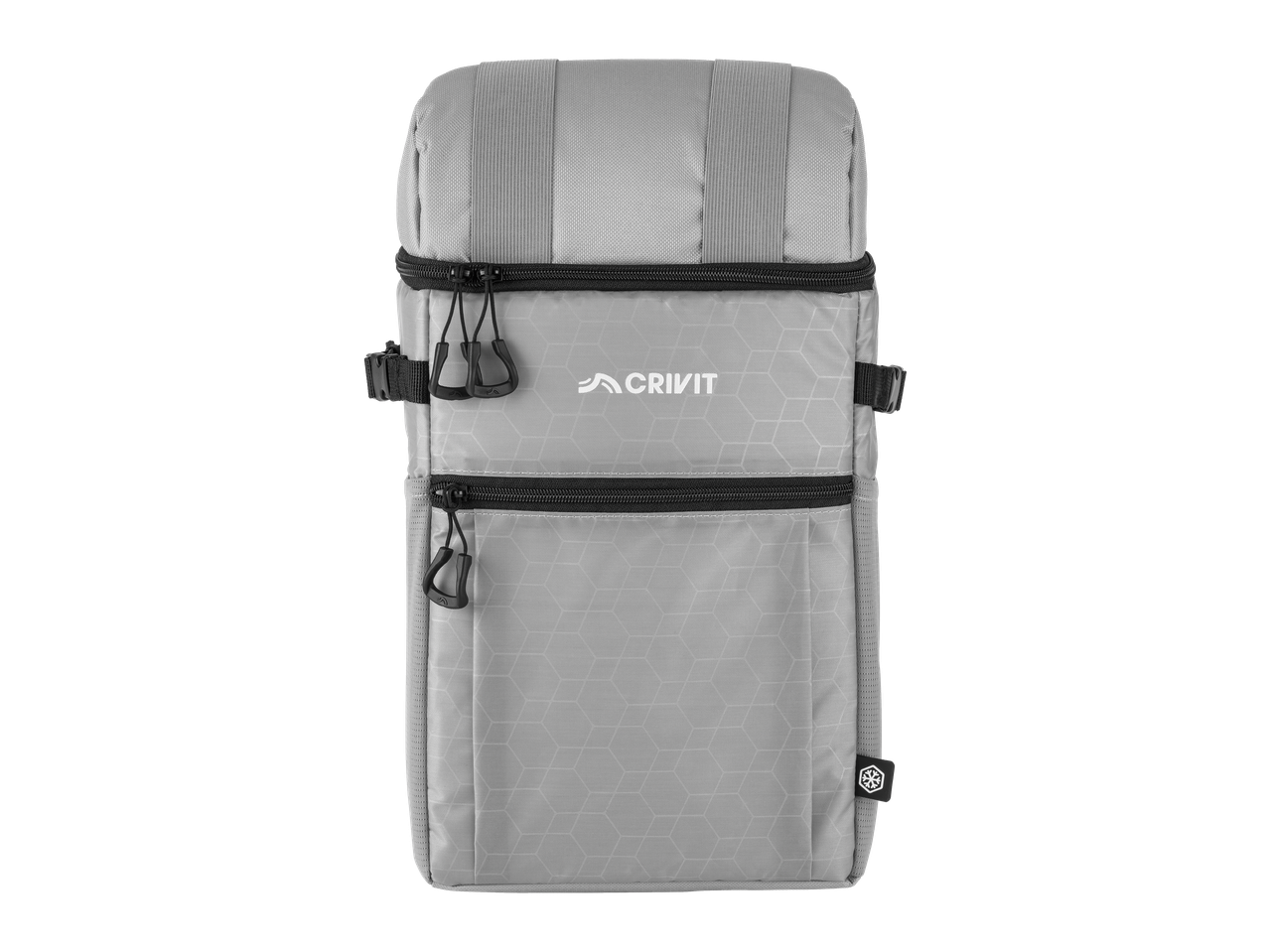 Sivi Crivit ranac-hladnjak sa crnim rajsferšlusima i heksagonalnim dezenom.
