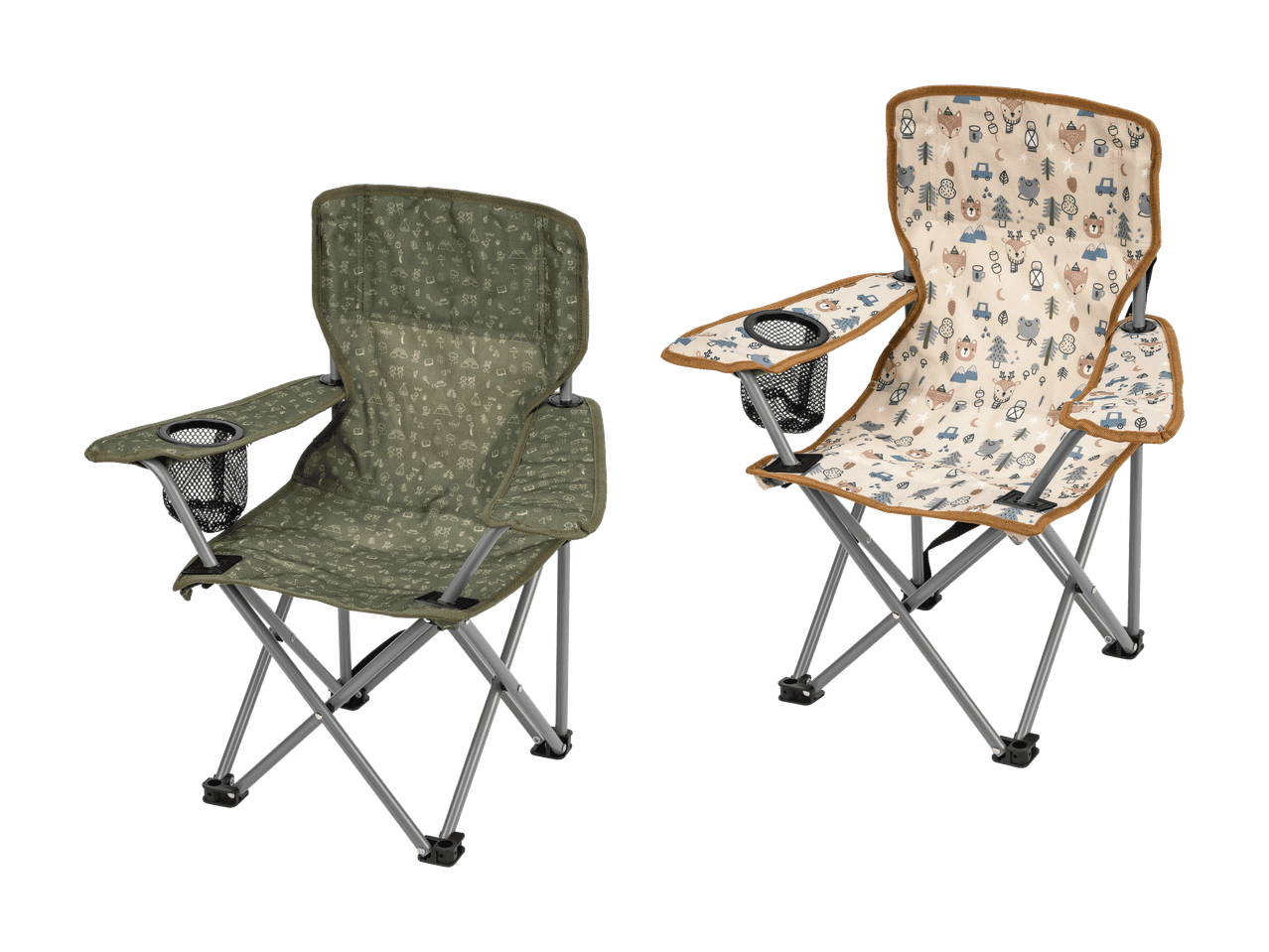 Zwei klappbare Campingstühle für Kinder, einer grün mit Waldmotiven und einer beige mit Tiermotiven.
