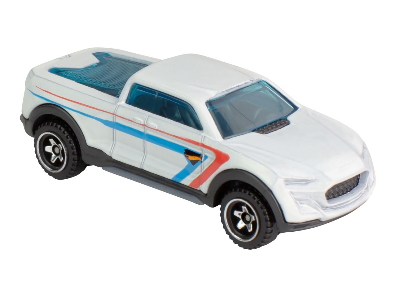 A white Hot Wheels pickup truck with blue and red stripes.