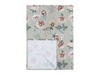 Floral tablecloth with a light green background and various flowers in pink, peach, and yellow.