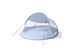 Light blue pop-up beach shelter with dark blue trim and guy ropes.