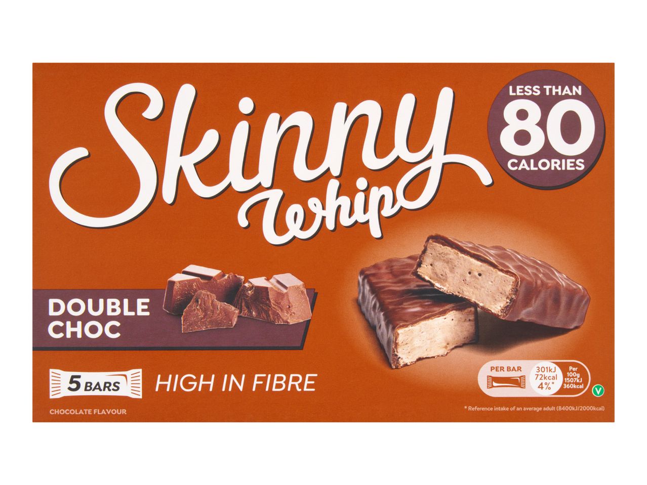 A box of five double chocolate flavour whip bars, high in fibre and under 80 calories.