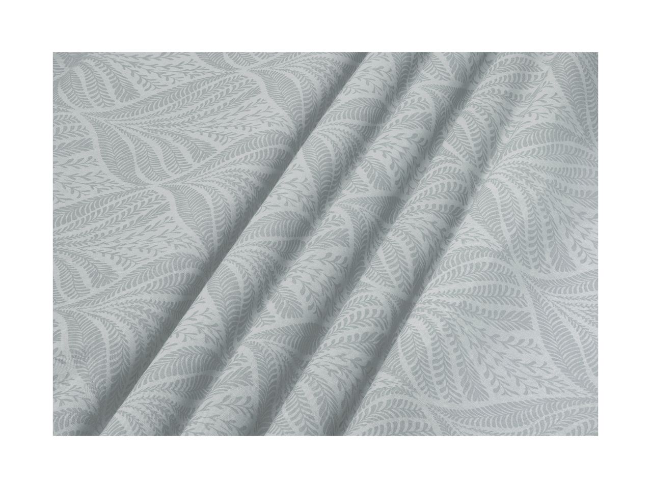 Light grey fabric with a subtle fern leaf pattern and soft folds.