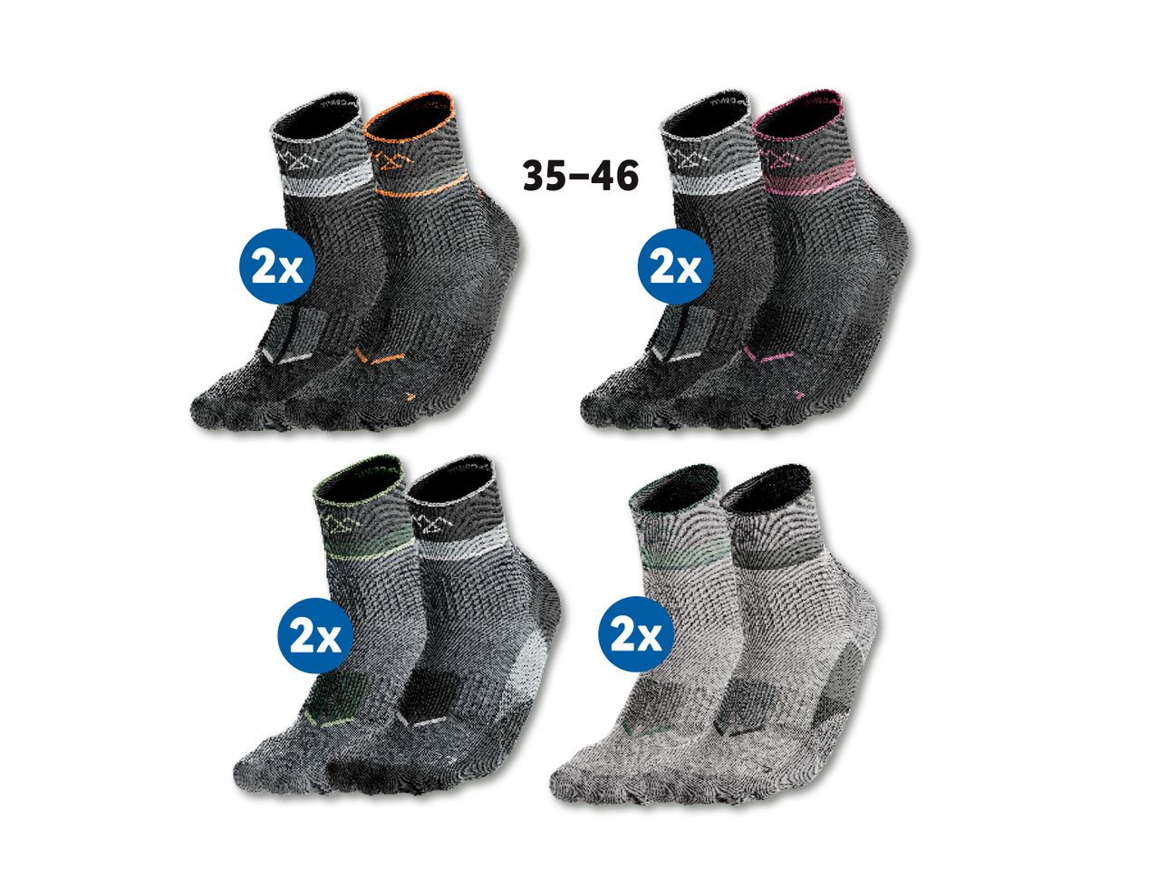 Neli paari halli sokke värviliste aktsentidega, pakendatud kahekaupa, suurused 35-46.