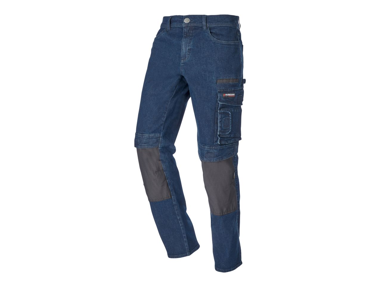 Jeans da lavoro blu scuro con tasche cargo e rinforzi sulle ginocchia.