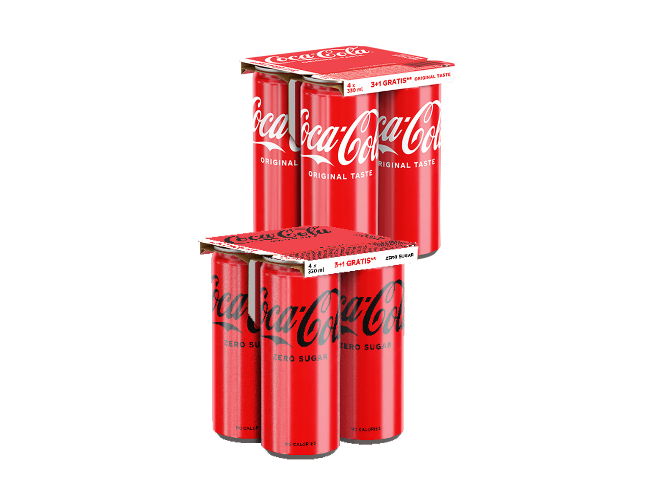 Dva pakovanja od po četiri limenke gaziranog pića, jedno originalnog ukusa, a drugo bez šećera.