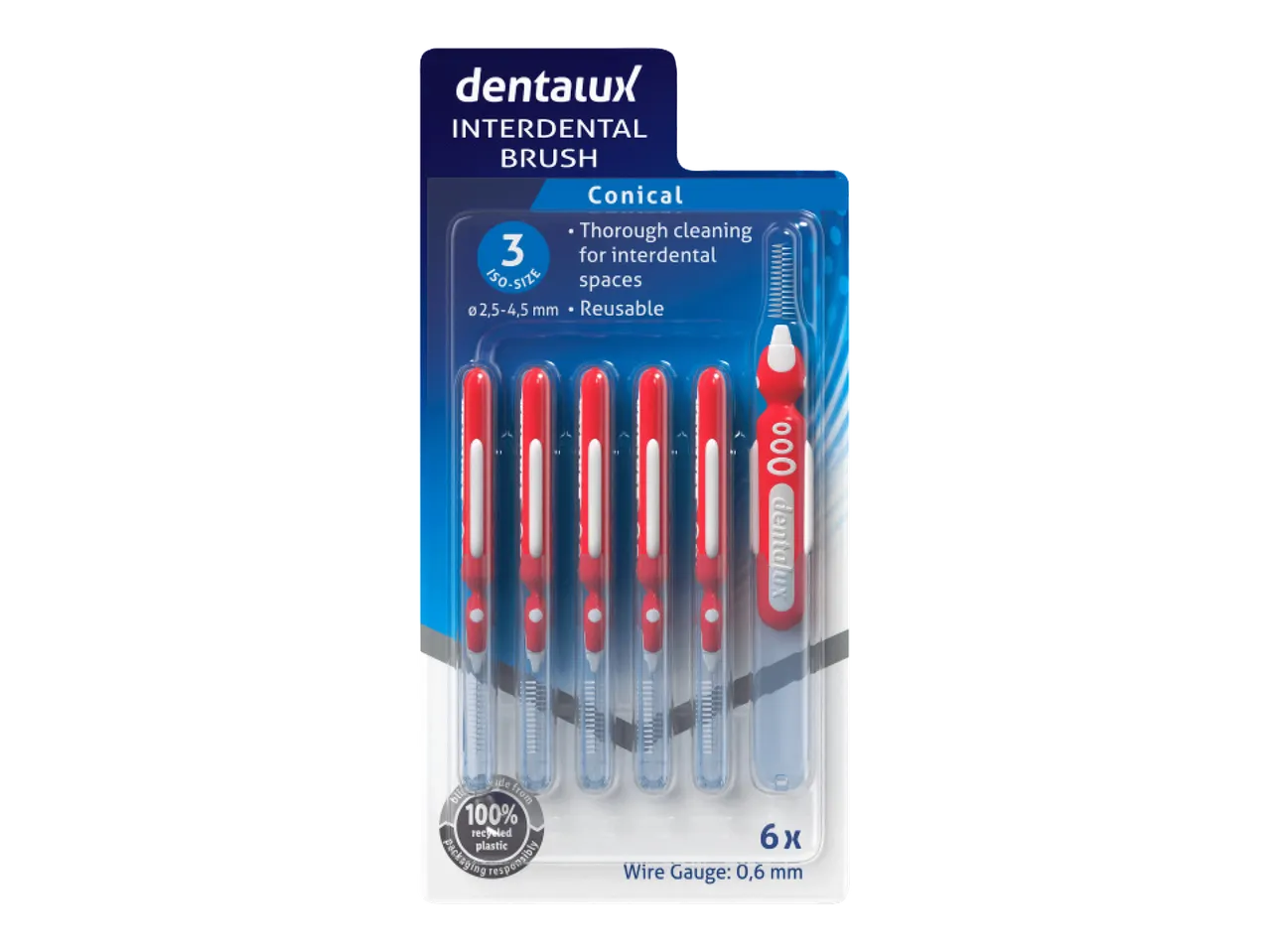 Pakovanje od 6 konusnih interdentalnih četkica veličine 3 (2,5-4,5 mm) za temeljno čišćenje.