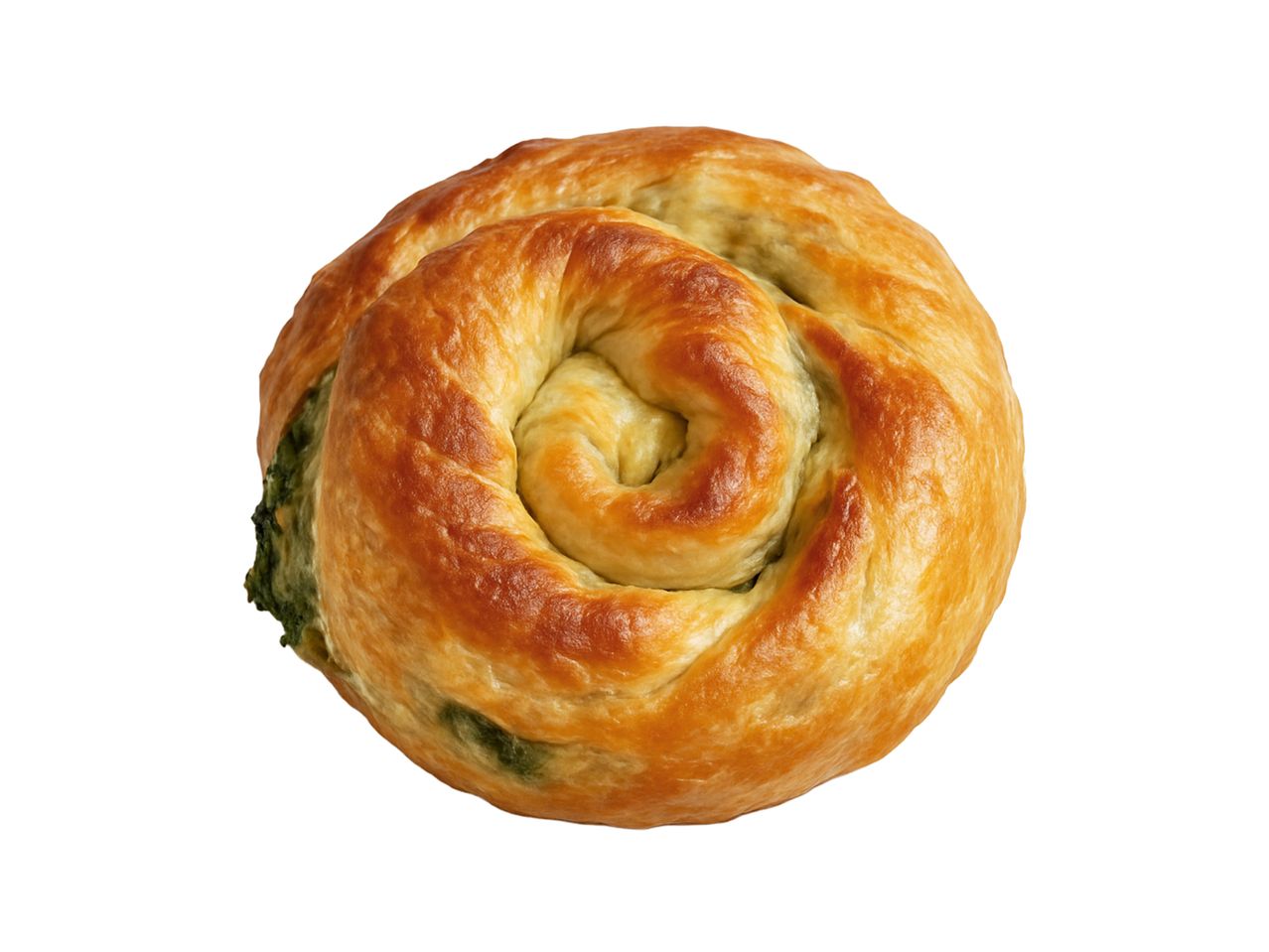 En gyllenbrun spenatfylld bakelse.