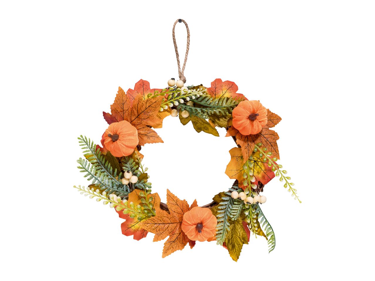 Autumn wreath with orange leaves, small pumpkins, and white berries.
