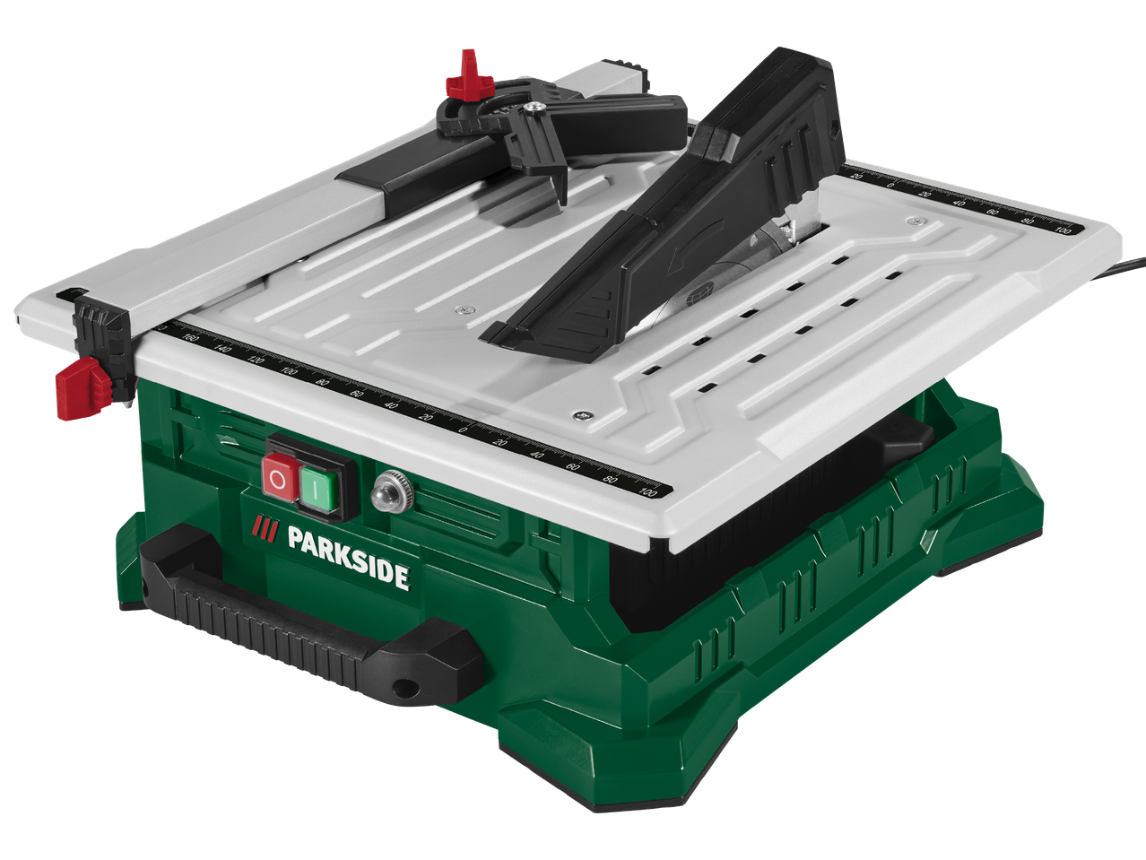 Машина за рязане на плочки Parkside с бял плот и зелена основа.