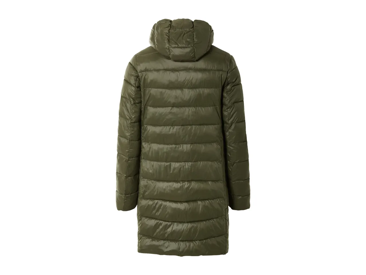 Back view of a long olive green puffer coat with a hood