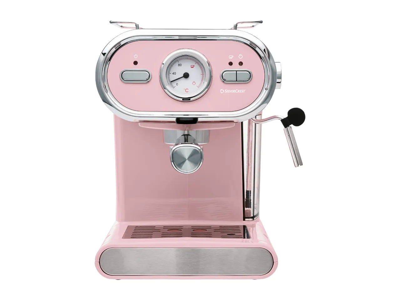Pink espresso machine with a temperature gauge and steam wand on a white background.