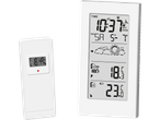 Brezžična vremenska postaja z LCD zaslonom, ki prikazuje čas, notranjo in zunanjo temperaturo, vlažnost in vremensko napoved.