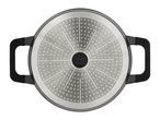 Bottom of a cooking pot with two handles, featuring a circular, textured base.