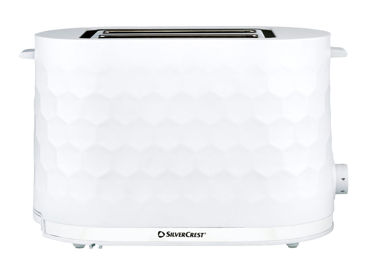 White two-slice toaster with a textured honeycomb pattern
