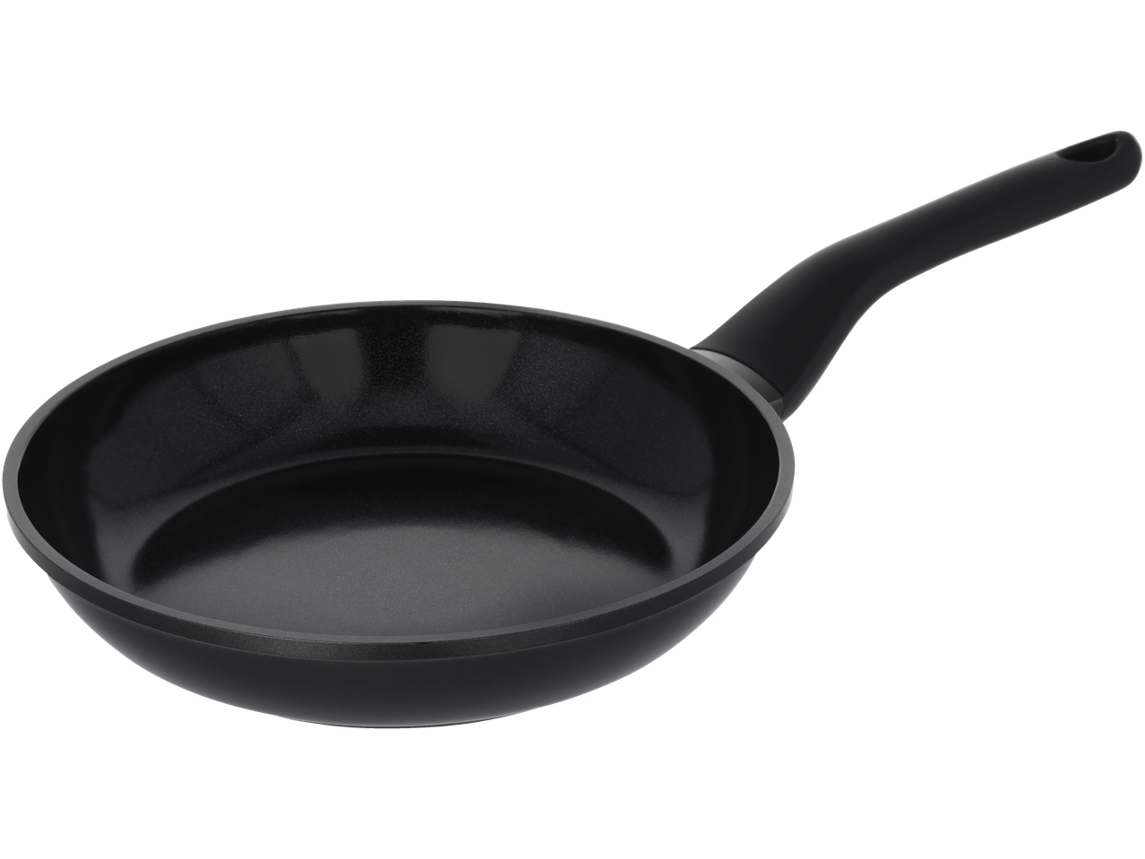 Black frying pan with a non-stick coating and a long handle