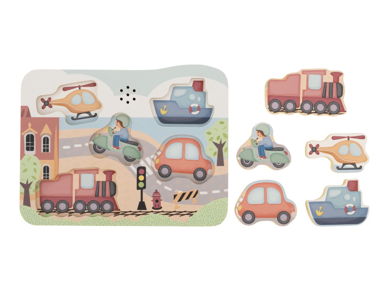 Wooden puzzle with various vehicles like a train, car, helicopter, boat, and scooter.