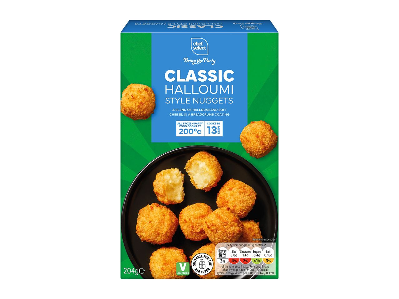 A box of classic halloumi style nuggets in a breadcrumb coating.