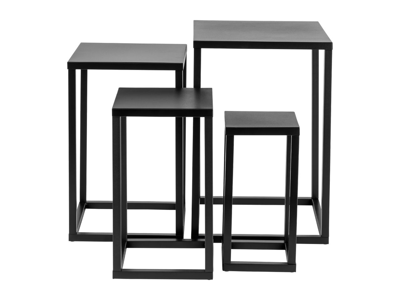 A set of four black nesting tables with square tops and open frames.