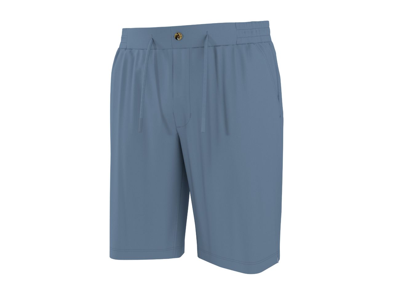 Men's blue shorts with a drawstring waist and button closure.