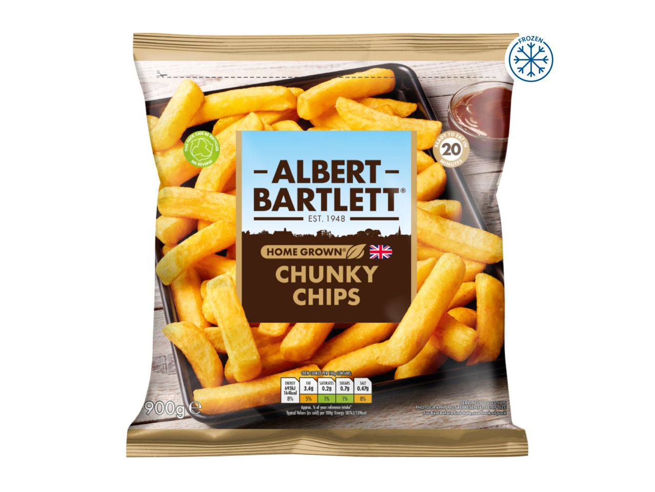 Frozen chunky chips in a bag, with nutritional information and cooking time.