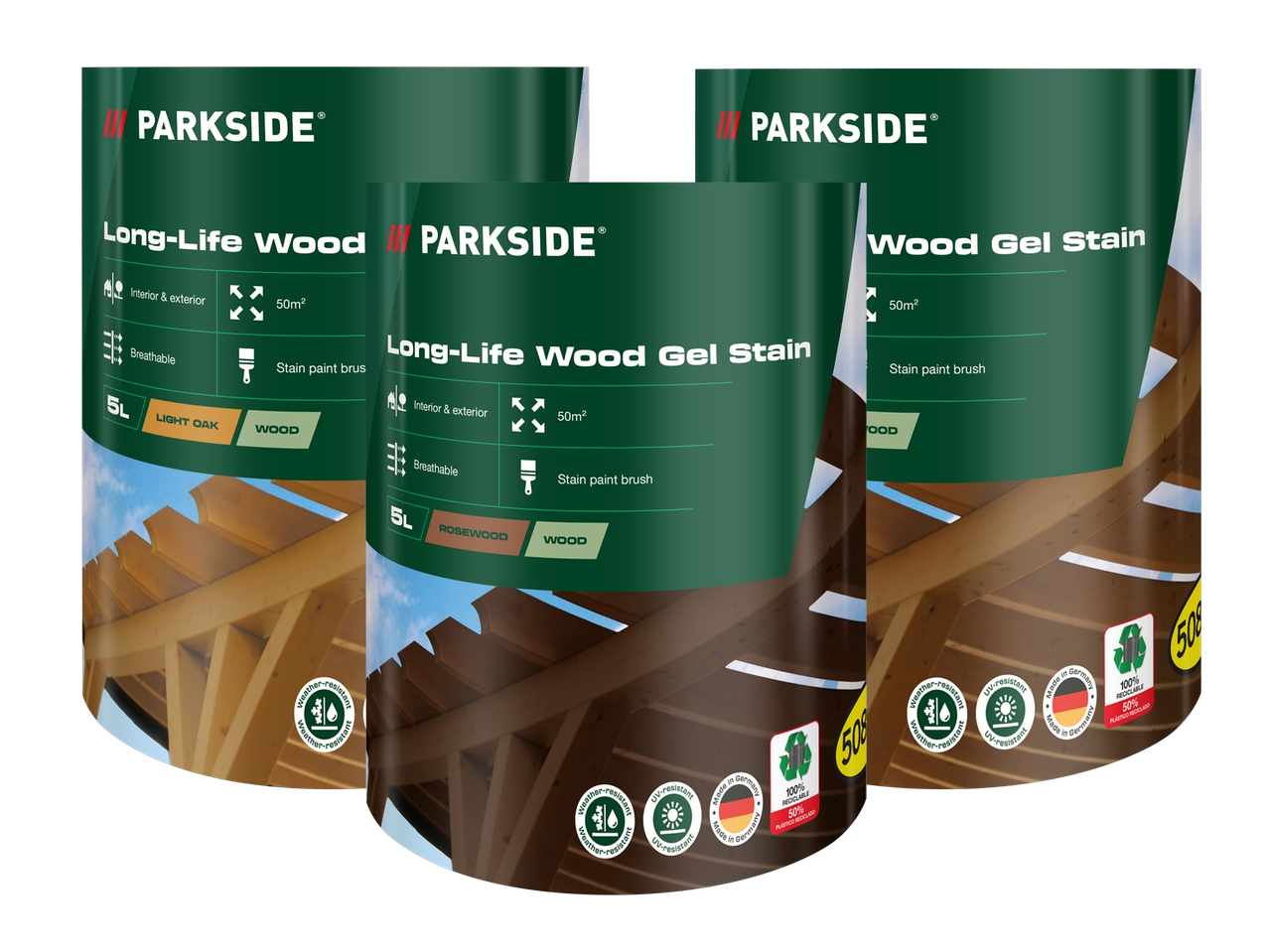 Tri pločevinke dolgotrajnega gela za les v odtenkih svetlega hrasta in palisandra, z oznakami za notranjo/zunanjo uporabo, 50 m² pokritosti, zračno in primerno za čopič.