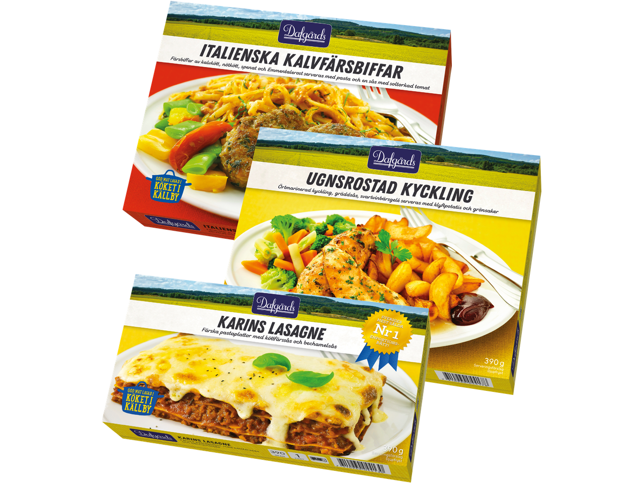 Tre förpackningar med frysta färdigrätter: italienska kalvfärsbiffar, ugnsrostad kyckling och Karins lasagne.