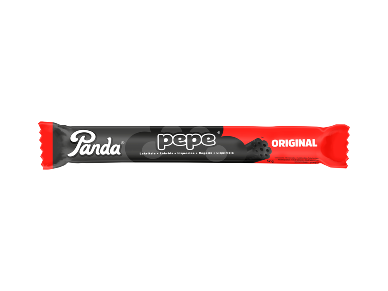 Punainen ja musta lakritsipatukka, jossa lukee Pepe Original.