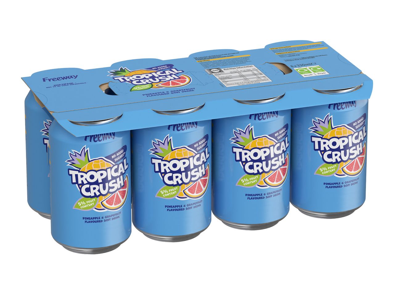 A multipack of eight pineapple and grapefruit flavoured soft drink cans with 'Tropical Crush' branding.