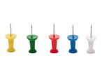 Five colorful pushpins in yellow, green, red, blue, and white.