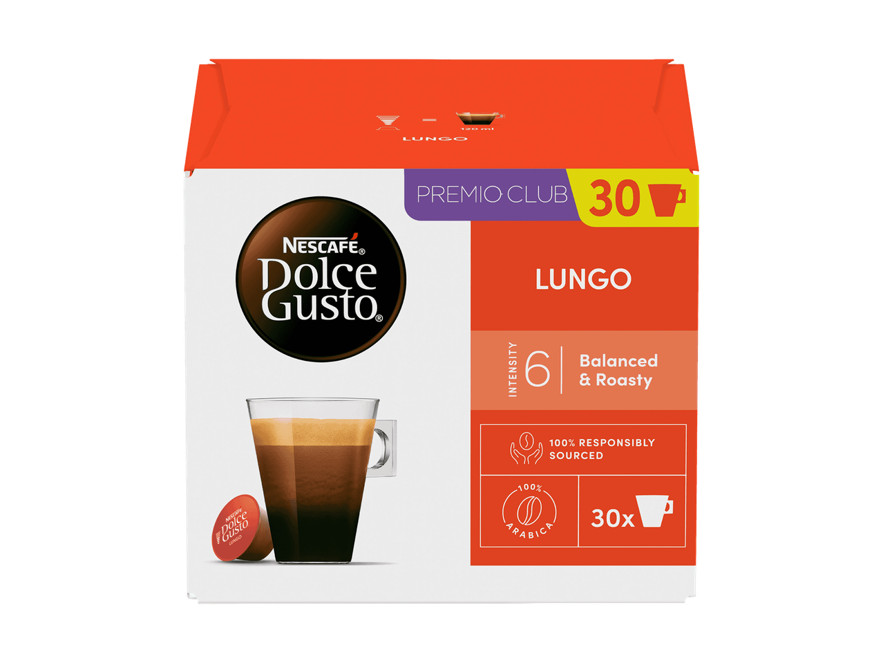 Boîte de 30 capsules de café Lungo, intensité 6, équilibré et torréfié.