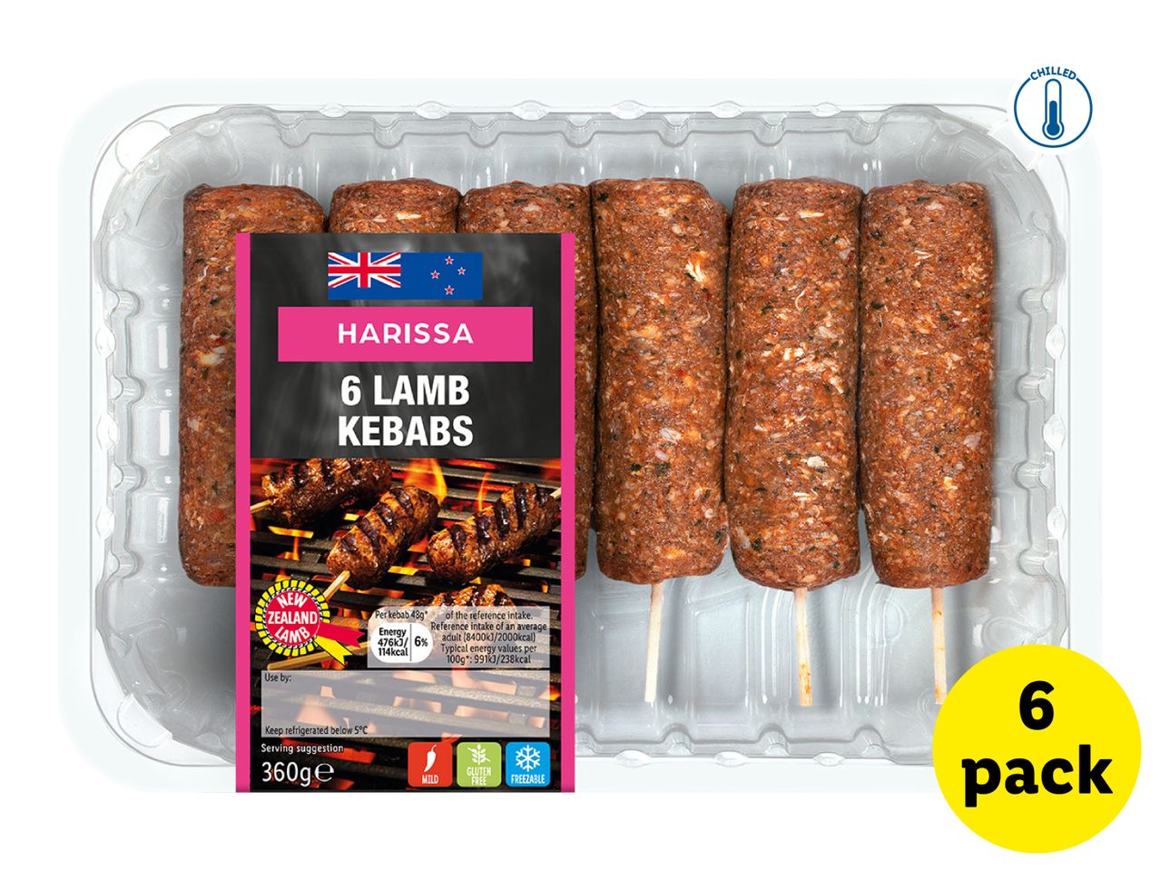 Six Harissa lamb kebabs in a clear plastic tray, with a label showing grilled kebabs and nutritional information.