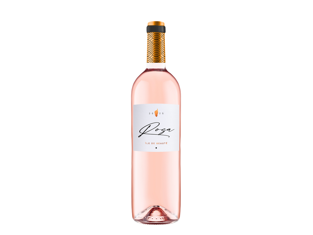 Bouteille de vin rosé avec une étiquette blanche et un motif doré sur le col.