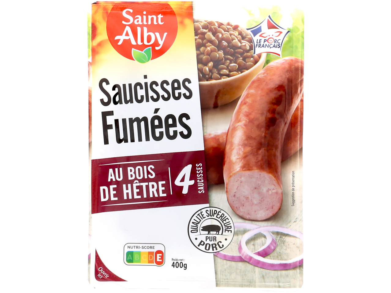 Saucisses fumées Saint Alby avec lentilles et oignons, Nutri-Score E.