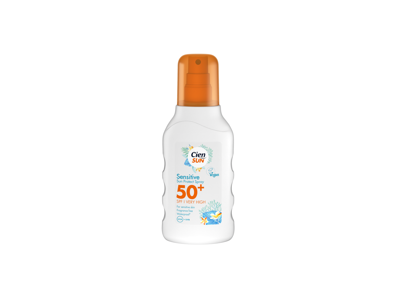 Cien SUN Sensitive Spray cu protecție solară SPF 50+ pentru piele sensibilă, fără parfum, rezistent la apă, UVA + UVB, vegan.