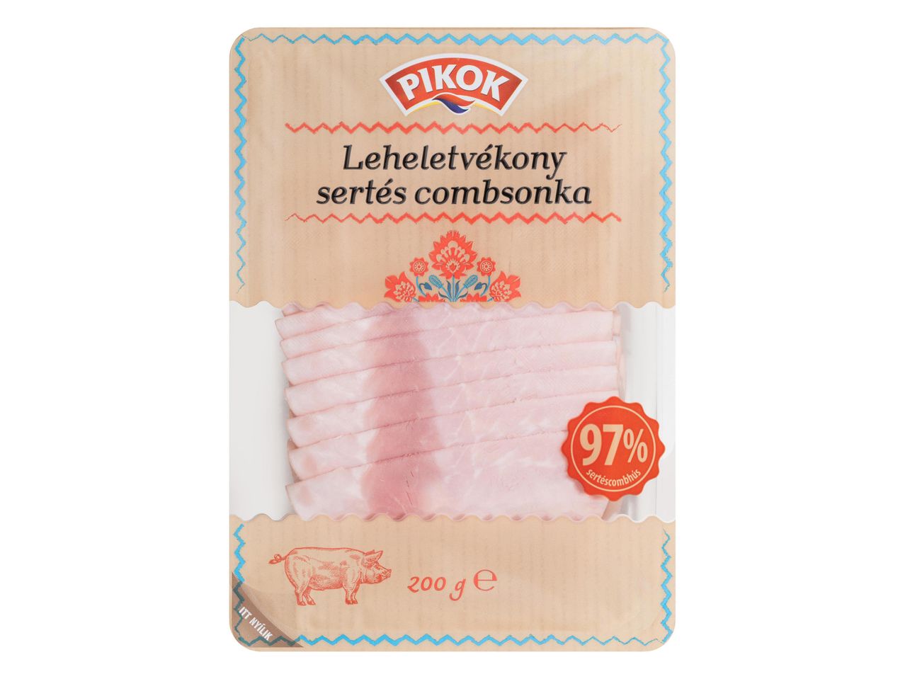 Pikok Leheletvékony sertés combsonka, 200g szeletelt sonka 97% sertéshúsból.