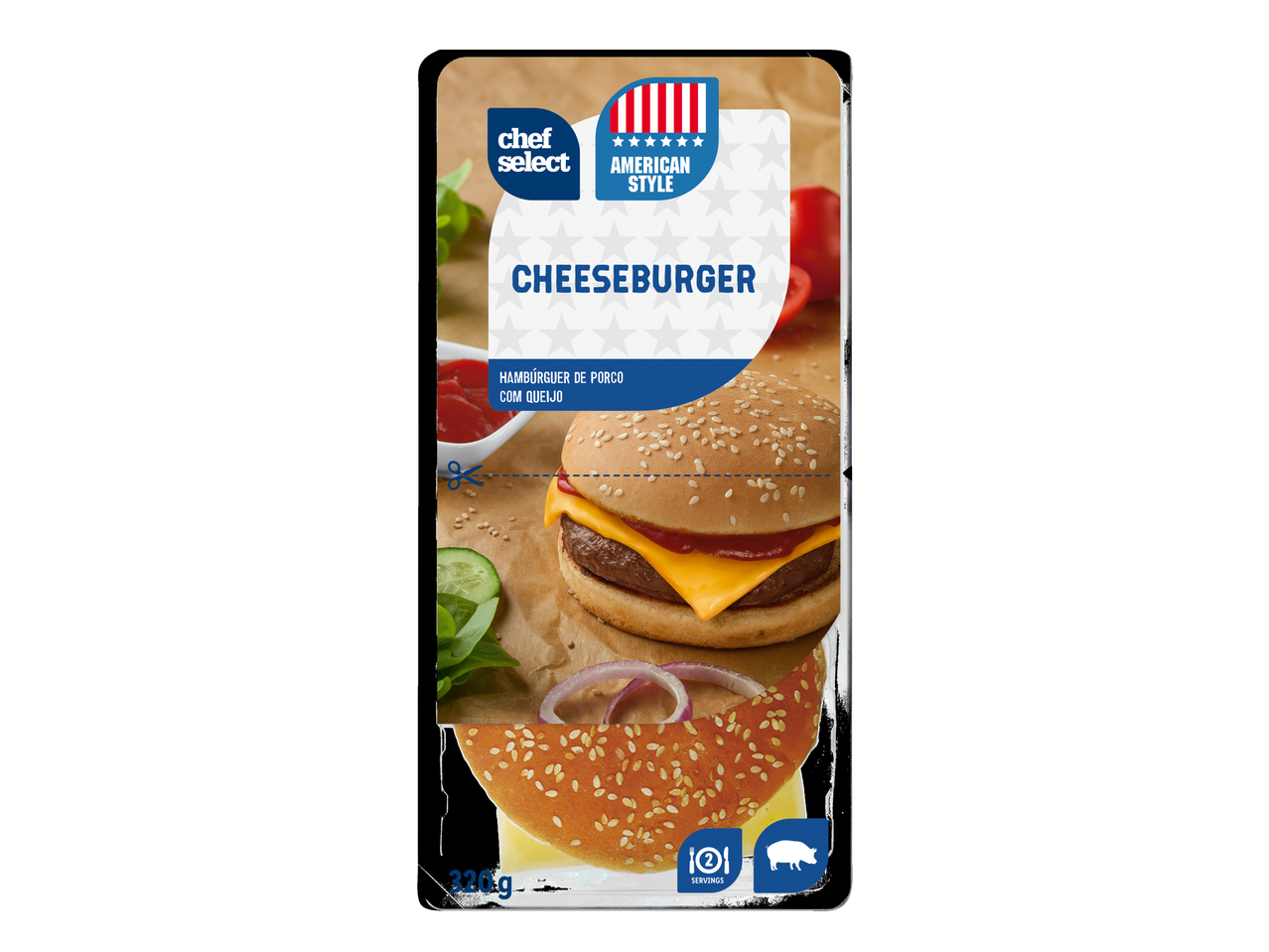 Chef Select Cheeseburger de porco estilo americano com 2 porções.