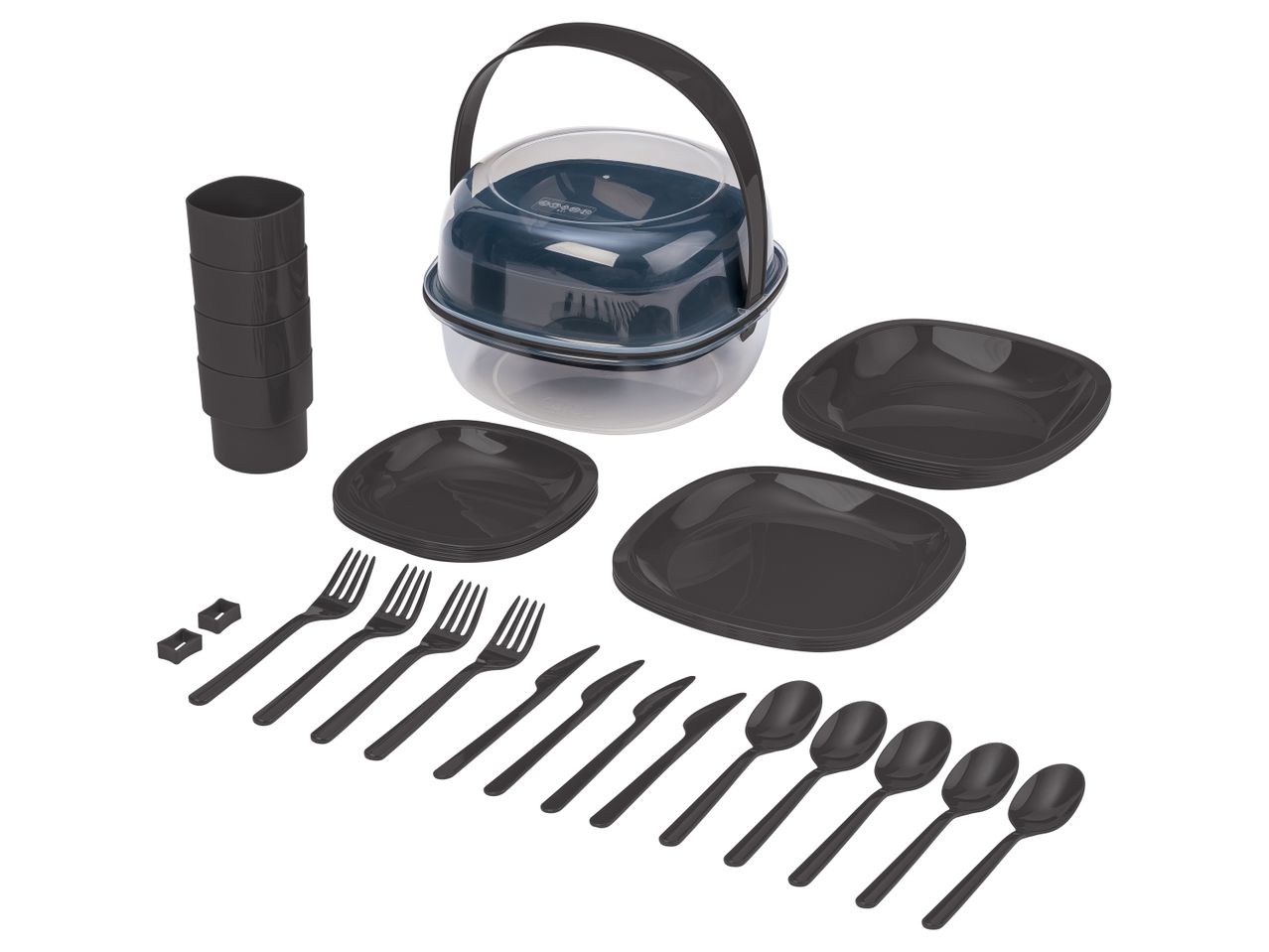 A portable Camping Tableware Set with plates, cutlery, and a food container.