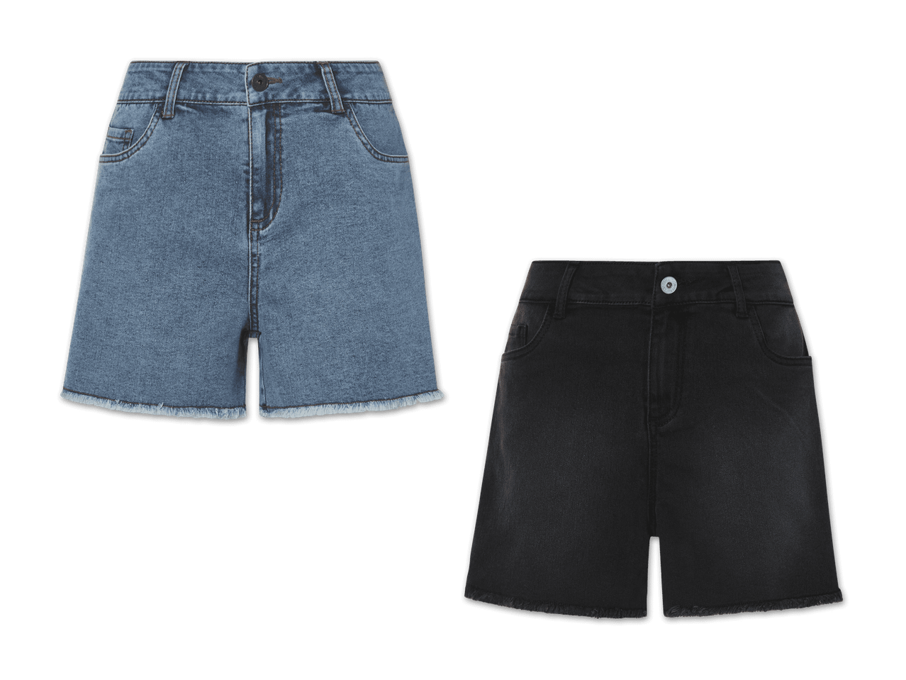 Zwei Jeans-Shorts, eine hellblau und eine schwarz, mit Fransen am Saum.