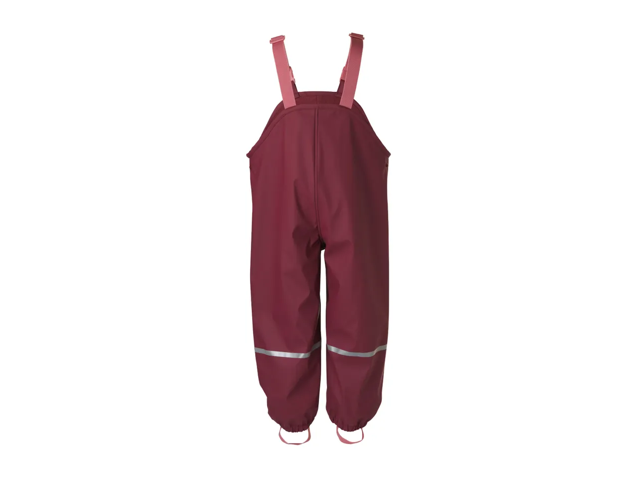 Maroon waterproof dungarees with pink straps and reflective strips.