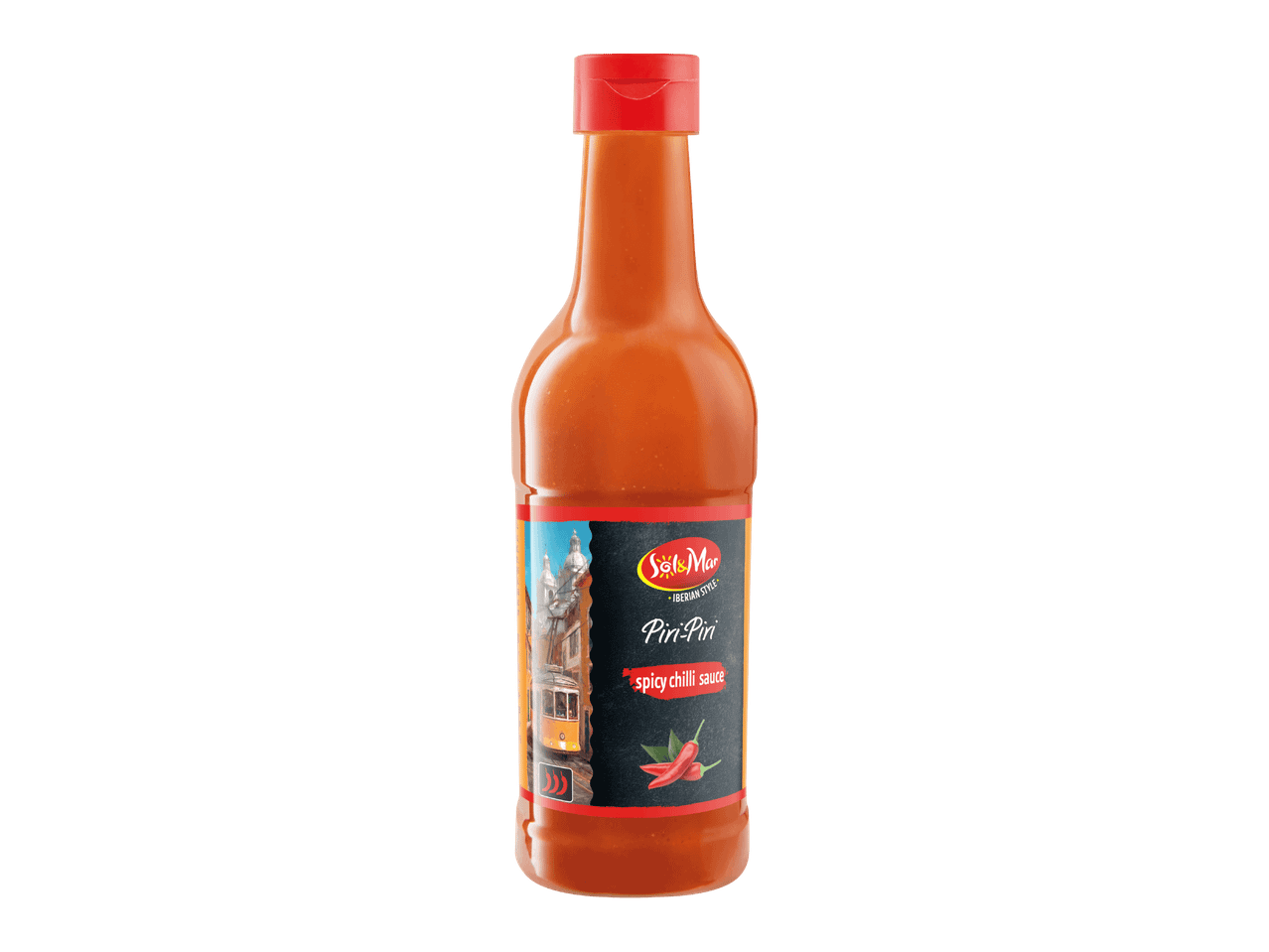 Piri-piri-chilikastikepullo, jossa on punainen korkki ja etiketissä kuva raitiovaunusta.